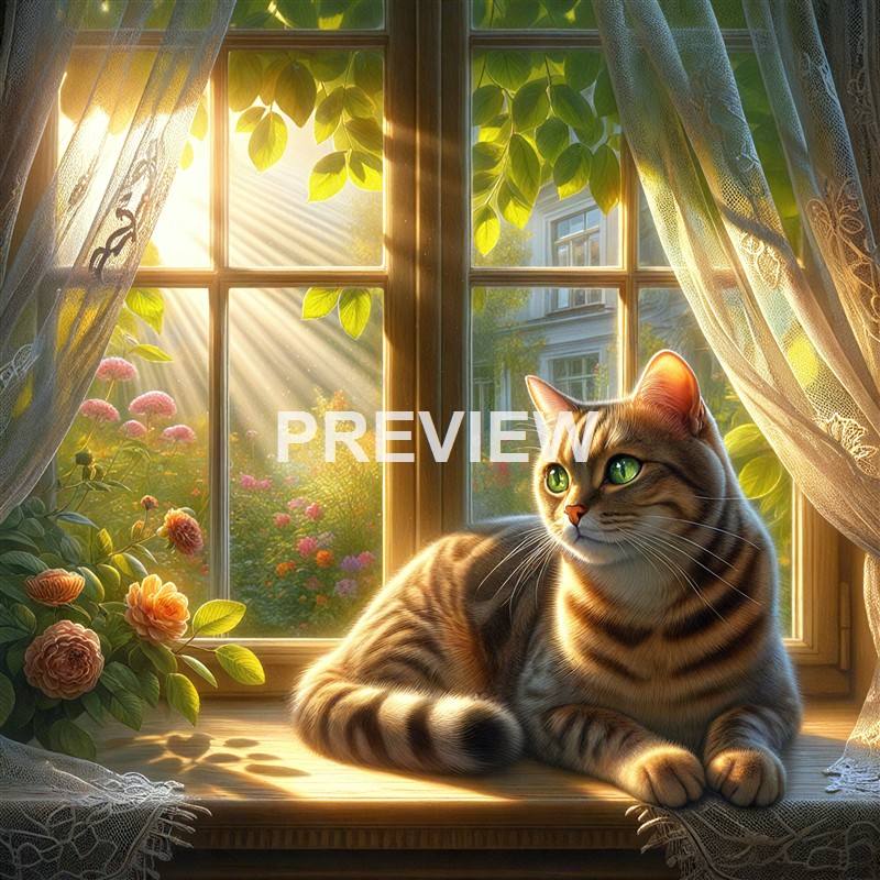 A tabby cat with green eyes is resting on a windowsill inside a cozy room, with sunlight streaming through the window and illuminating the surrounding curtains and plants, overlooking a garden with pink flowers.